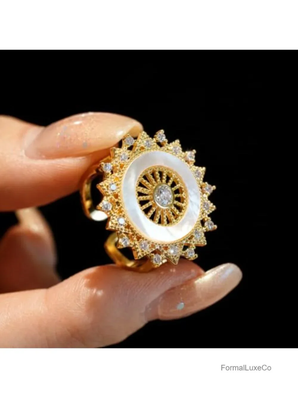 18K Gold Plated Adjustable Wide Band Ring with Cubic Zirconia